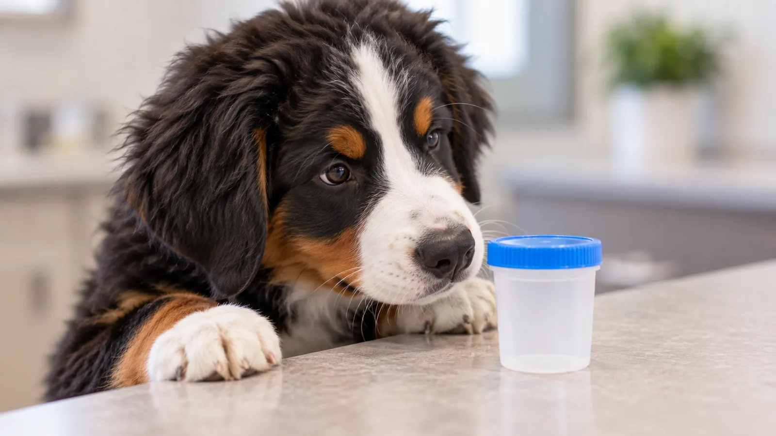 A fluffy black, white and tan puppy resting its paws on a counter beside a plastic sample cup.