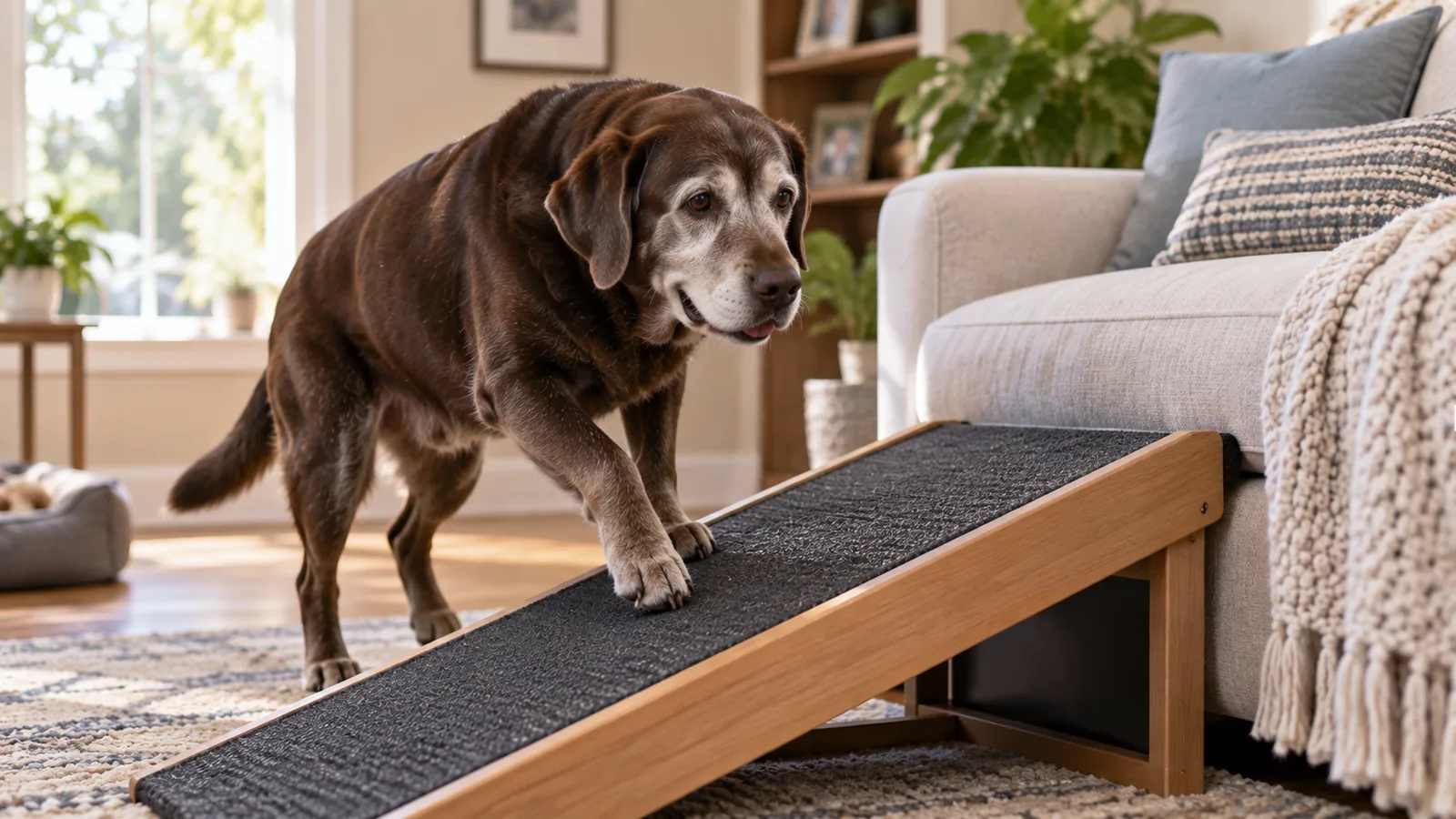 A grey-muzzled chocolate Labrador walks down a carpeted pet ramp propped against a living room couch.