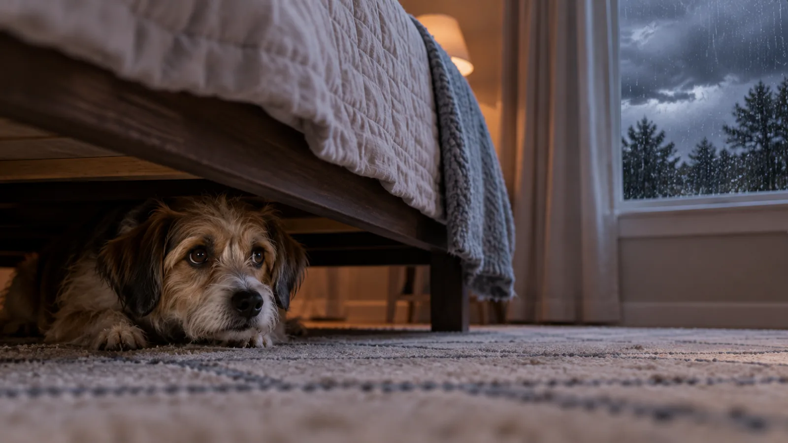 A scruffy tan and black terrier type dog lies hiding under a bed as rain and storm clouds fill the window.